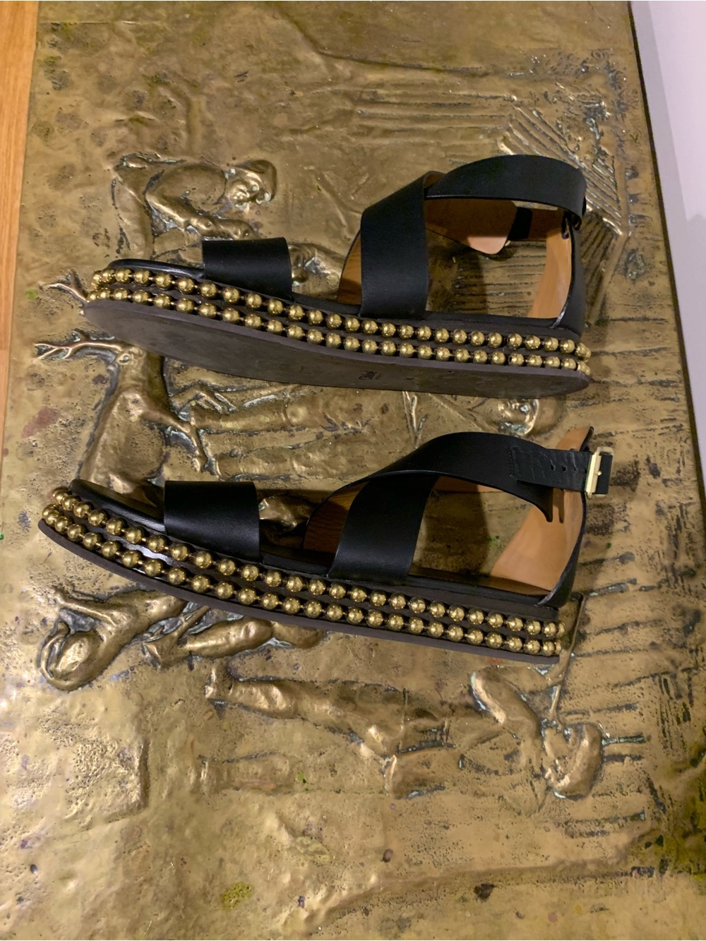 Chloe Black Leather Platform Sandals with Gold Stud Trim